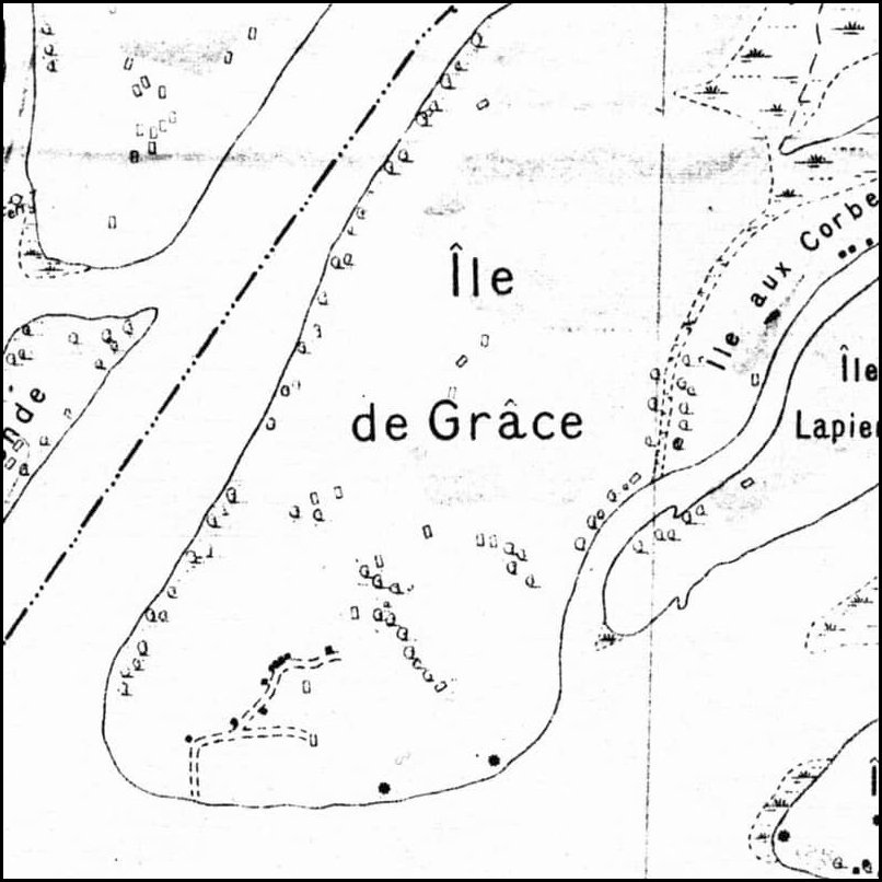 Section d’une carte de 1927 montrant les chemins et bâtiments à l’extrémité sud-ouest de l’île