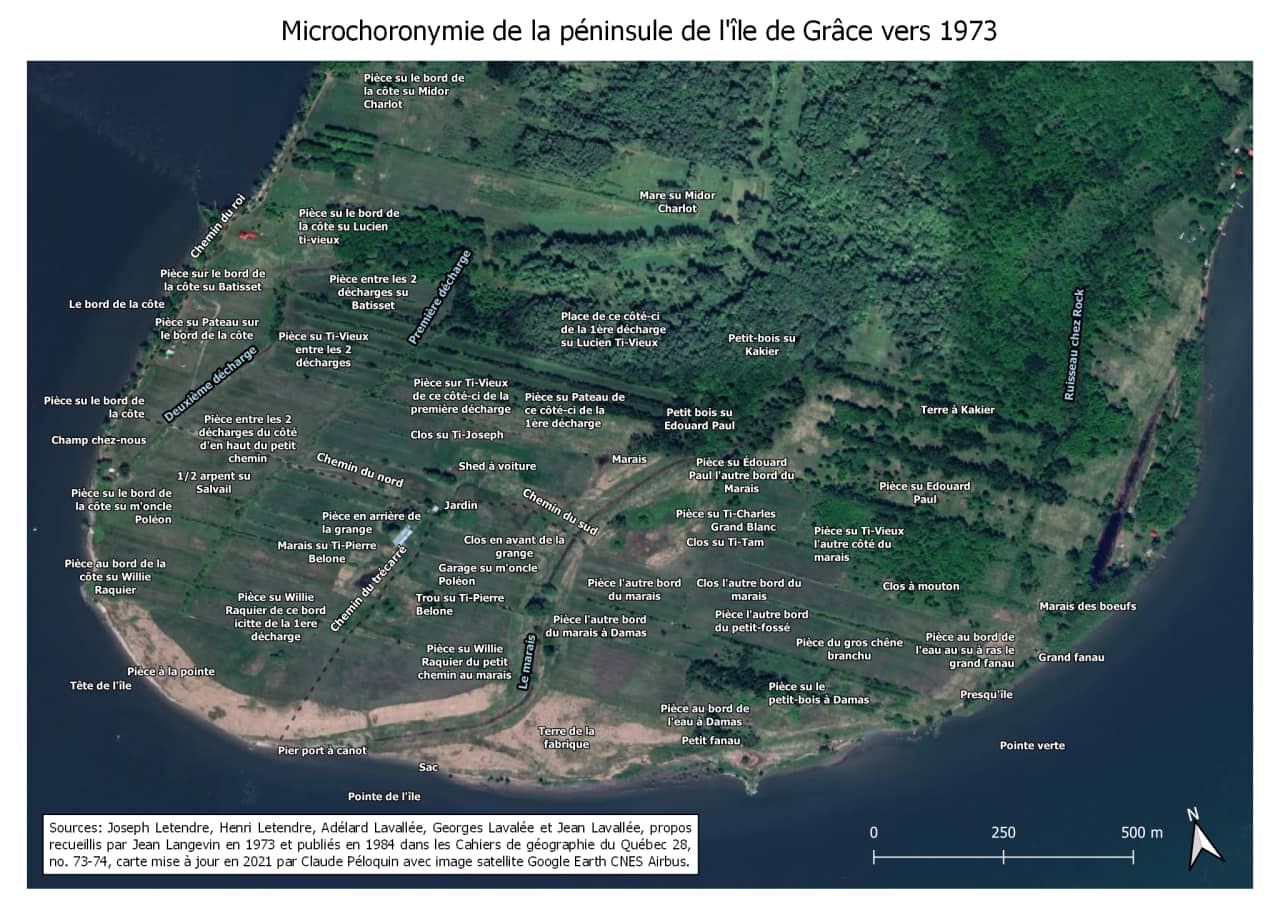 Noms de lieux documentés par Langevin (1984) superposés à une image satellite récente de la pointe de l’île de Grâce