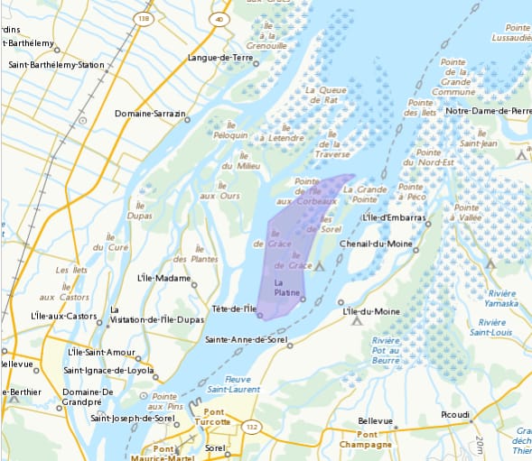 Localisation de l’île de Grâce (en mauve) dans la Base de données toponymiques du Canada