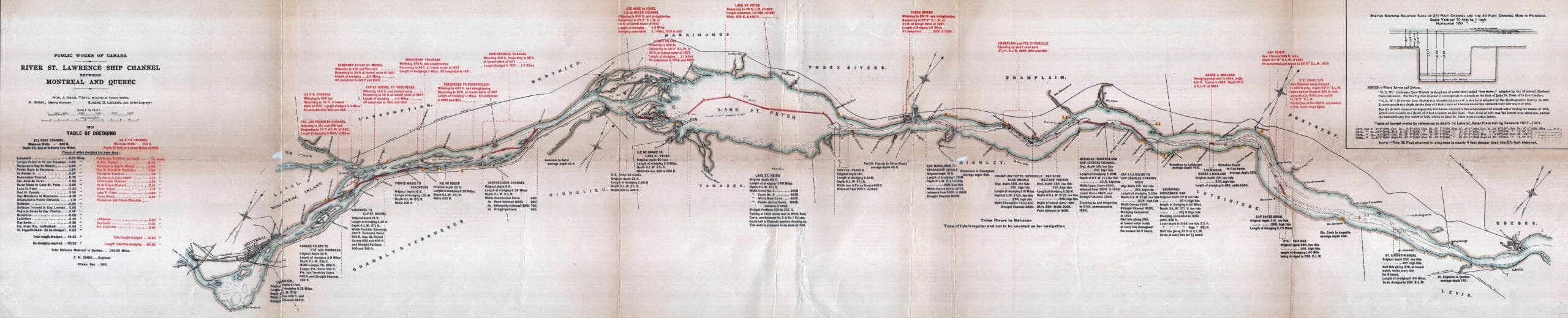 Carte « River St. Lawrence ship Channel between Montreal and Quebec » publiée par le « Department of Public Works » du « Government of Canada », 1901