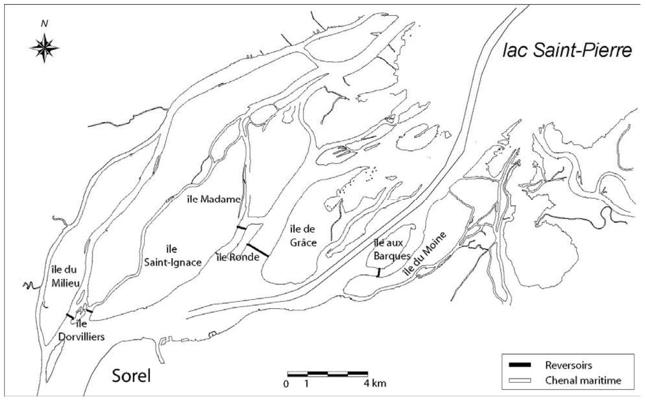 Emplacement des reversoirs des îles de Sorel construits entre 1928 et 1931, figure 19 dans Morin et Côté.
