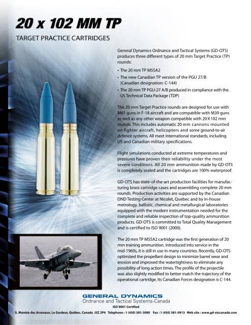 Publicité de munitions d’entraînement de General Dynamics Ordinance and Tactical Systems Canada